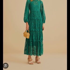 FARM RIO Guipure Long Sleeve Maxi Dress in Green M